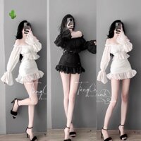 Set nữ đi tiệc áo tay dài bồng trễ vai mix chân váy ôm body dáng ngắn chất voan mềm nhúm xinh hot alohastore1