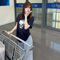 Sét nữ quần dài kẻ caro ống rộng áo thun cotton in hình xinh menina_studio, sét dài nữ đi chơi, mặc nhà trẻ trung