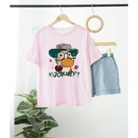 Sét nữ quần đùi jean lưng thun, áo thun ngắn tay kẻ sọc in hình siêu xinh Menina_Studio, sét ngắn nữ cotton mềm đẹp