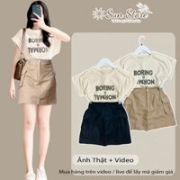 Set nữ váy áo, Set bộ nữ chân váy A kaki túi hộp mix áo thun, Chân váy nữ có quần trong với áo cotton khô tay ngắn xinh