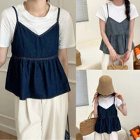 Set nữ xinh, Set gồm áo thun & yếm gile jeans retro phong cách vintage thanh lịch AO11