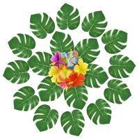 Set Of 120 Hawaii Style Decorating Pieces for Summer with Palm Leaves and Artificial Hibiscus Flowers - Tropical Plants - Birthday Party Accessories