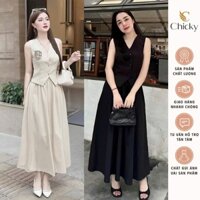 Set PepLum Áo Ghile Sát Nách Cài Nút Phối Hoa Mix Chân Váy Maxi Dáng Xòe 2 Tone Màu Đơn Giản Hàn Quốc Vibe Thanh Lịch
