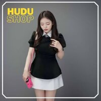 Set peplum tiểu thư áo cổ sơ mi cài áo nơ đính đá chân váy ngắn có quần trong Bộ tiểu thư áo tay bồng đen đầm A T95G