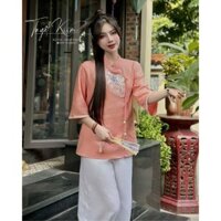 Set Pháp Phục Nữ Cao Cấp Chất Vải Linen Thêu Quạt, Đồ Lam Nữ Thêu Hoa Tay Lỡ Phối Ren