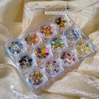 Set phụ kiện trang trí móng tay nail xà cừ sỏi mix kim loại hạt trai 12 màu