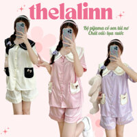 Set pijama lụa xước cổ sen túi nơ màu pastel xinh xắn. Bộ ngủ nữ lụa thoáng mát mùa hè