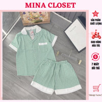Set Pijama Nữ Bộ Mặc Nhà Kẻ Caro Xanh Viền Cổ Trắng Áo Cộc Quần Đùi Chất Liệu Mango Mềm Mịn Thoáng Mát Freesize