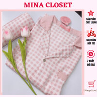 Set Pijama Nữ Bộ Mặc Nhà Kẻ Caro Hồng Viền Cổ Áo Cộc Quần Đùi Chất Liệu Mango Mềm Mịn Thoáng Mát Freesize