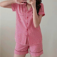 Set pijama nữ mặc nhà Cecilia_Secret bộ kẻ caro quần dài áo cộc chất lụa đũi mềm