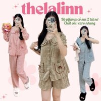 Set pijama tiểu thư kẻ nhí cổ sen túi đính nơ xinh xắn. Bộ ngủ nữ caro nhung mềm mại
