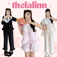 Set pijama xốp mềm tiểu thư nhún chun nơ phối ren nhiều màu xinh xắn. Bộ ngủ nữ màu pastel dễ thương