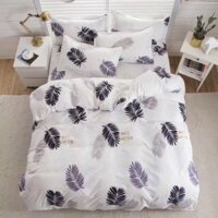 Set Poly Cotton Họa Tiết Lá Trắng Bộ Chăn Ga Gối 4 Món