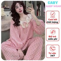 Set pyjama, bộ ngủ mặc nhà nữ kẻ caro trễ vai siêu hot chất cotton xốp mềm tay dài quần dài tiểu thư CARY