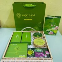 sét quà cốm- mộc lam (2h bánh cốm+cốm tươi+mứt sen +bánh chả+trà sen+giỏ tre+túi quà)