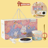 Sét Quà Tặng Cốc Ly Sứ Hổ Thỏ Cánh Đồng Hoa Kèm Bếp Hâm Nóng Dung Tích 450ml Dễ Thương Dùng Hàng Ngày, Quà Tặng - QDECOR