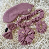 Set quà tặng dây cột tóc Scrunchies - Bịt mắt ngủ - Băng đô thêu tay Daisy - Handmade by Yuu:P