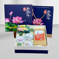 Set quà tặng in hoa Sen - Trà lá Sen túi lọc, Hồng liên trà, Trà tâm Sen, Hạt Sen sấy, Củ Sen sấy