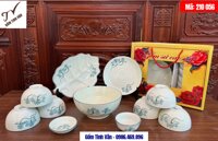 Set quà tặng quà biếu Set bộ đồ ăn, bát đĩa, mã 210056 gồm 6 chén cơm, 1 tô, 2 đĩa, 1 chén chấm, 1 chén muối tiêu men kem hoa đào, hoa sen vẽ tay, gốm bát tràng tinh vân
