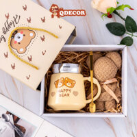 Set Quà Tặng - Set Cốc Ly Sứ Nắp Vặn Mèo, Gấu Nâu Biểu Cảm Cute Dễ Thương Kèm Hộp Quà Tặng Xinh Xắn - QDEOCR