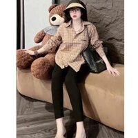 Set Quần Áo BBR Mix Quần Leggging Ôm Body, Áo Sơ Mi BBR Dày Dặn, Basic, NVA103