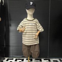 Set quần áo cộc kẻ ngang đính tag ngực LUOBD quần thô ngố mềm bo gấu hàng QCCC BY KID CLOTHING