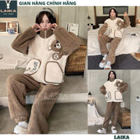 Set quần áo lông hình chú gấu kéo khóa giữa - Bộ pyjama mặc nhà dáng dài trẻ trung năng động - LAIKA BL65