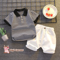 Set Quần Áo Polo Kẻ Ngang Ngắn Tay Cho Bé Trai, Bộ Cộc Tay Cho Bé Mùa Hè