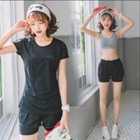 set quần áo thể thao tập gym yoga nữ ngẵn ( áo thun + quần đùi + áo bra nữ ) skn01