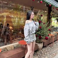 Set Quần Áo Trễ Vai Màu Xám, Áo Dài Tay Mix Quần Short Ôm Body, NVA87