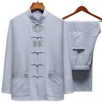 Set quần áo trung niên dài tay, Thêu họa tiết chắc chắn, vải đũi Thái thoáng mát