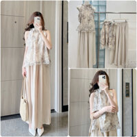 Set quần áo yếm, set bộ yếm voan tơ HOẠ TIẾT kèm quần xuông đũi mềm tiểu thư sang chảnh