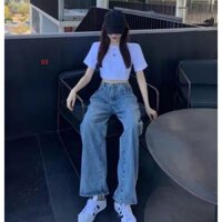 sét quần bò ống rộng màu xanh nhạt và áo croptop