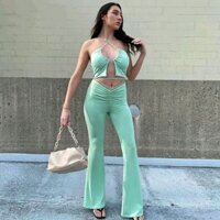set quần dài áo croptop xanh ngọc