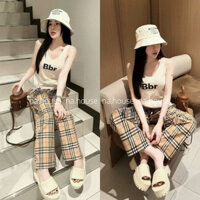 Set quần dài, set đồ nữ đi chơi đi biển dạo phố Nahouse áo 3 lỗ nữ kèm quần burberry thiết kế đẹp xinh xịn và sang trọng
