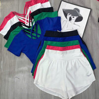 Set quần đùi 2 lớp áo croptop đan lưng tập Gym, Chạy bộ, Thể Thao nữ