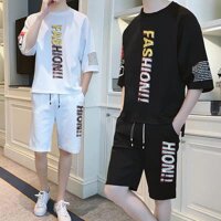 Set quần đùi áo ngắn tay thể thao nam thun cotton co dãn, thoáng mát FASHION - L,ĐEN