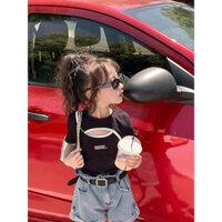 Set quần đùi jean áo thun khoét cổ ngắn tay kèm dây lưng cho bé gái 10-40kg