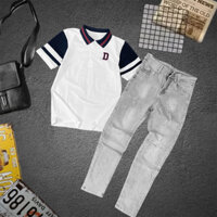 Sét Quần Jean Dài Nam Rách Gối Và Áo Thun Polo Cá Sấu Thêu