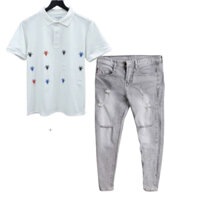Set Quần Jean Nam Xám Rách Gối Chất Denim Cao Cấp Phối Áo Polo Tay Ngắn In Họa Tiết Trẻ Trung