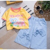Set quần jean ngố nơ áo thun baby three siêu dễ thương S39_ Beekids, Set bé gái quần jean phối áo thun cotton mềm mại, S