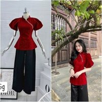 Sét quần ống rộng dài tuyết nhung & áo cổ tàu đính cườm ngực vải nhung NHƯ Ý