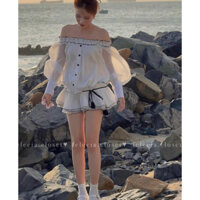 Set quần trắng áo voan trễ vai