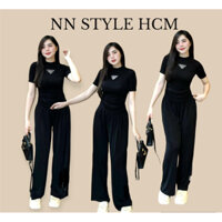 Set quần xuông áo kiểu nhún eo chất thun tăm gân co giãn freesize <55kg