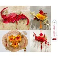 Set quạt gỗ, phụ kiện hoa đỏ, vàng trang trí Tết 2024 mang lại may mắn, tài lộc - Phụ kiện trang trí decor sẵn, tiện lợi