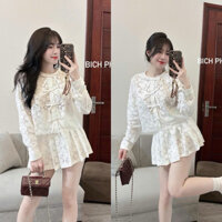 Set Ren Hàng 2 Lớp Áo Tay Dài Đính Nơ Mix Chân Váy Ren Xếp Ly 2 Màu (cvay có lót)