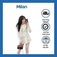Set Ren Hàng 2 Lớp Áo Tay Dài Đính Nơ Mix Chân Váy Ren Xếp Ly 2 Màu (cvay có lót) (V93)