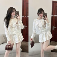Set Ren Hàng 2 Lớp Áo Tay Dài Đính Nơ Mix Chân Váy Ren Xếp Ly 2 Màu (cvay có lót)