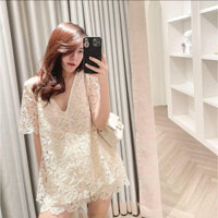 Set ren quần short cổ V 1 màu kem A3144 Aholic