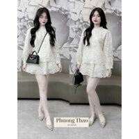 Set ren thêu hoa nhí mềm 2 lớp cổ trụ gồm áo và quần váy lưng cao